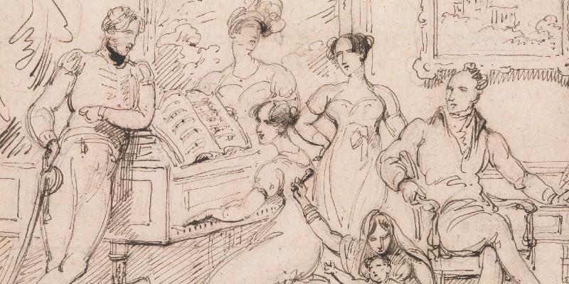 Pen and ink drawing on paper. George Chinnery, 1774–1852, British, A Family Group Around a Piano, between 1812 and 1815. Yale Center for British Art, Paul Mellon Collection.