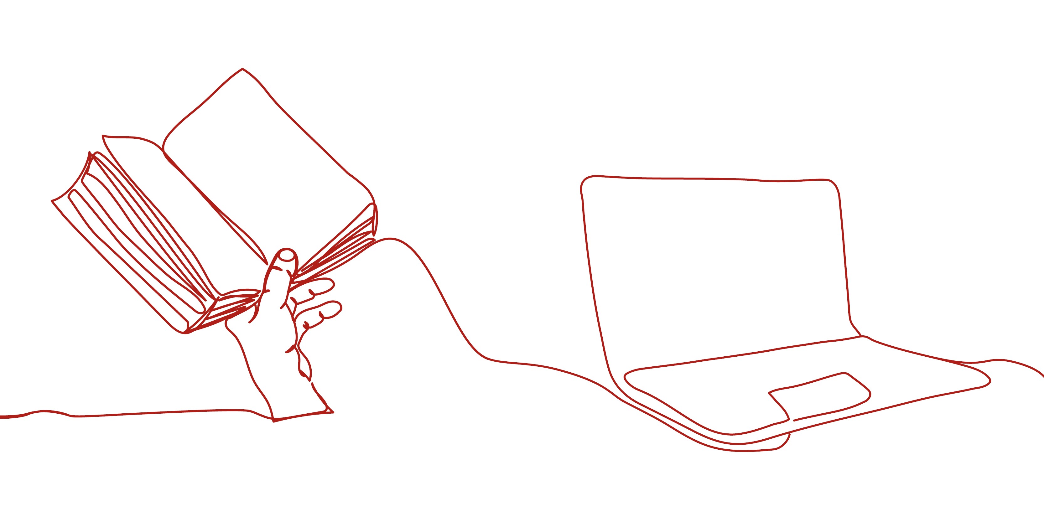 A graphic outlining a hand holding a book and a laptop, in red ink
