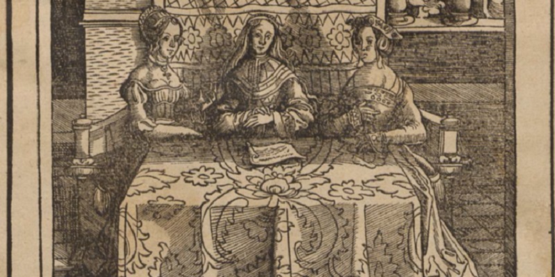 Old sketch drawing of three women sitting at a table.