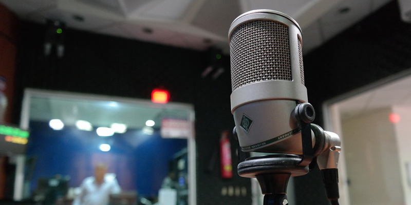 Microphone in radio station booth