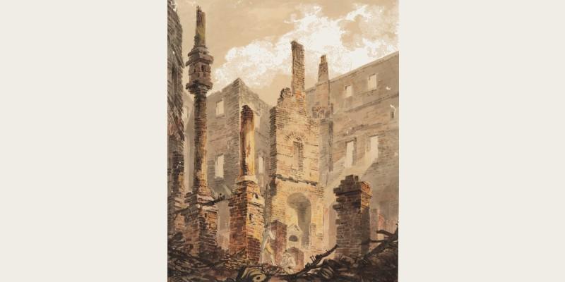A watercolour of a building destroyed by fire in shades of brown