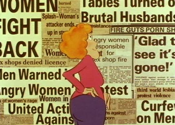Artist rendering of woman looking at print of news stories