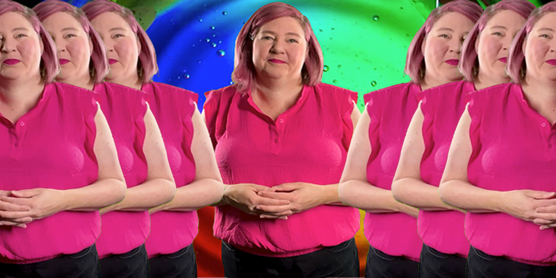 A portrait of Dayna McLeod with a mirror effect that shows three reflections of her on each side.