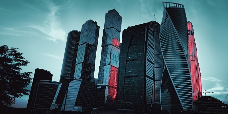 Moscow skyline - buildings at dusk with blue hue