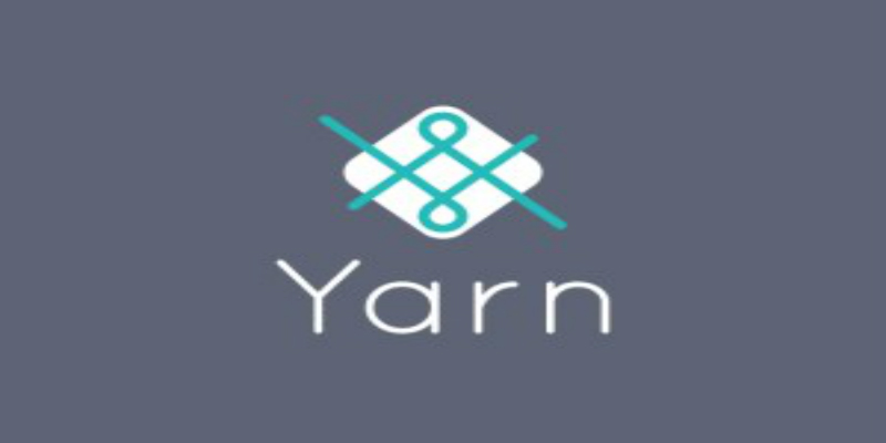 A white logo with turquoise detail on a blue-grey background with the word 'yarn' written underneath.