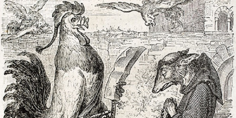 Old fable drawing of a cockerel speaking to a fox dressed as a monk