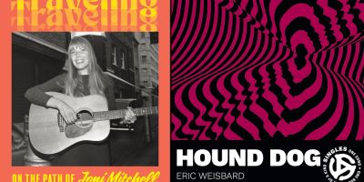 Two book covers. Left: Traveling on the path of Joni Mitchel by Ann Powers. Right: Hound Dog by Eric Weisbard