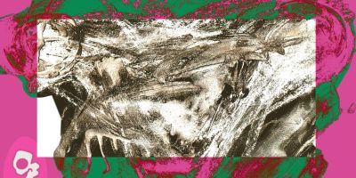 An abstract brown, black and white painted shape in the central square, framed by a pink border that converts the colours of the abstract shape to green and pink only within the outer border of the image. A logo of a pink egg with an abstract embryo that