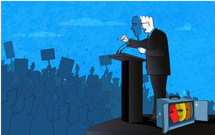Cartoon of a man standing at a lectern with a picketing crowd in silhouette in the background