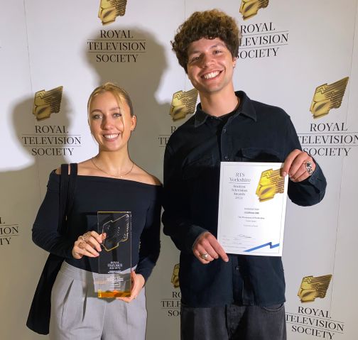 Evie Samman and Taylor James smiling with Evie's award and Taylor's nomination at the RTS Awards 2024.
