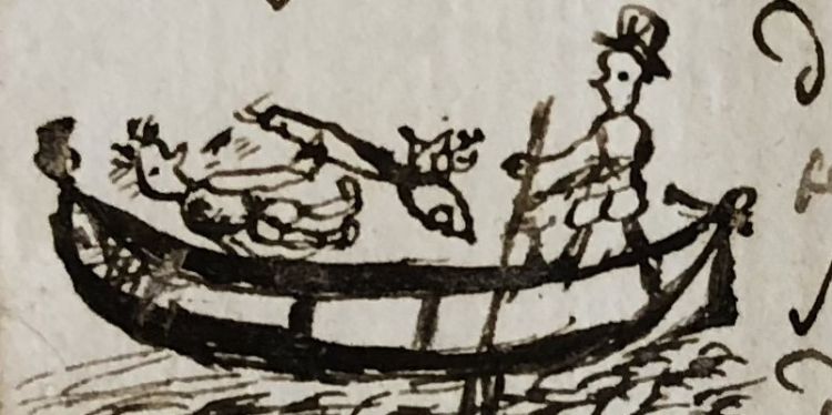 An early modern drawing of two people in a gondola. One person is falling backwards.