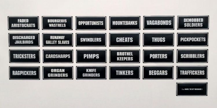 Carmela Gross, EXTRAS, 25 enamelled metal signs (each 20cm x 45cm). Image courtesy of the artist.