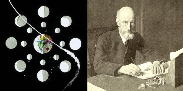 Detail from a magic lantern slide showing the moon and its phases, plus a photo of Professor Louis Compton Miall taken by EE Unwin