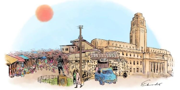 Montage of montage of the Dugbe market, the Mbari Club, and Parkinson building at the University of Leeds.