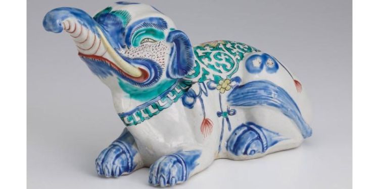 Kakiemon model of an elephant; porcelain with enamels over clear colorless glaze