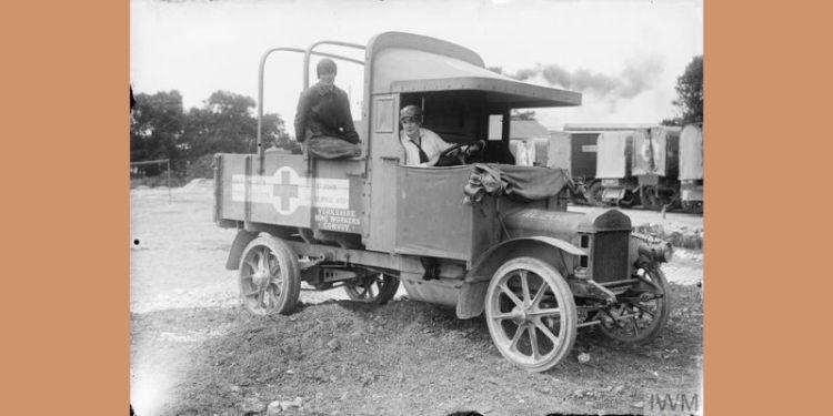 Two Women British Red Cross Society, Voluntary Aid Detachment (VAD) ambulance drivers. The vehicle is from the Yorkshire Mine Workers' Convoy
