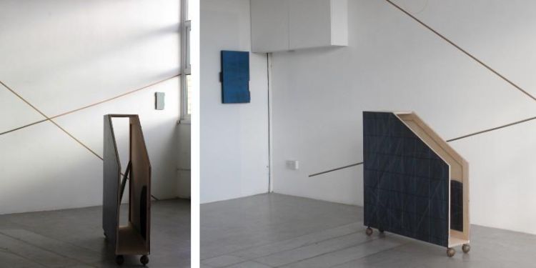 Two installation photos showing artworks by Moyra Derby.