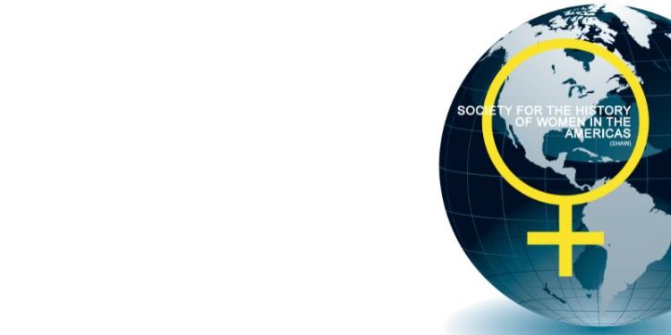 Society for the History of Women in the Americas logo. A blue globe showign the Americas, with the symbol for woman overlaid