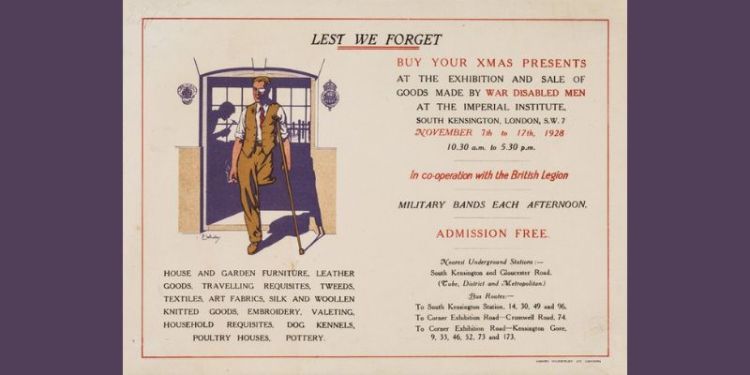 1928 postcard. Drawn image of a male amputee. Text advertises a sale of work by war veterans.