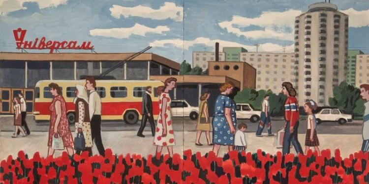 City buildings, bus, cars, people. In the foreground are rows of red tulips.