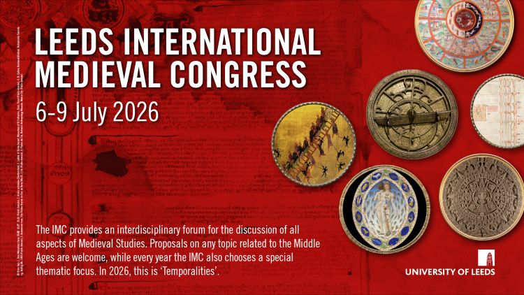 IMC 2026 postcard. Red background with medieval images in roundels