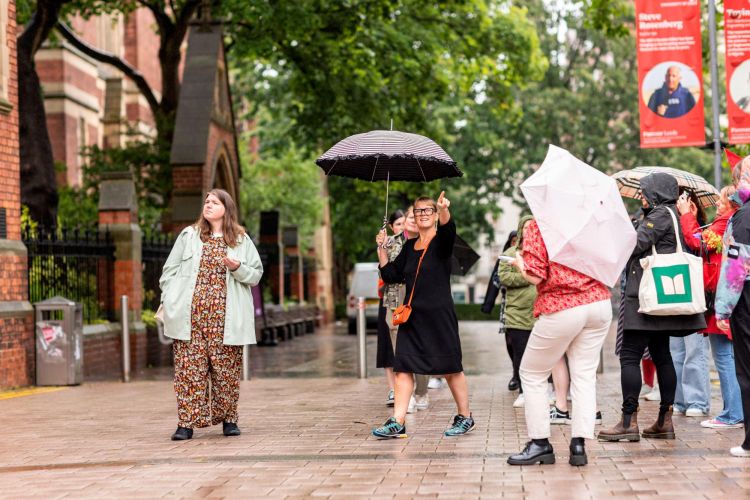 Group exploring the campus of the University of Leeds