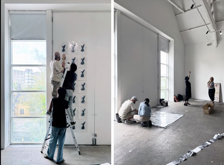 Two photos showing installation of an exhibition