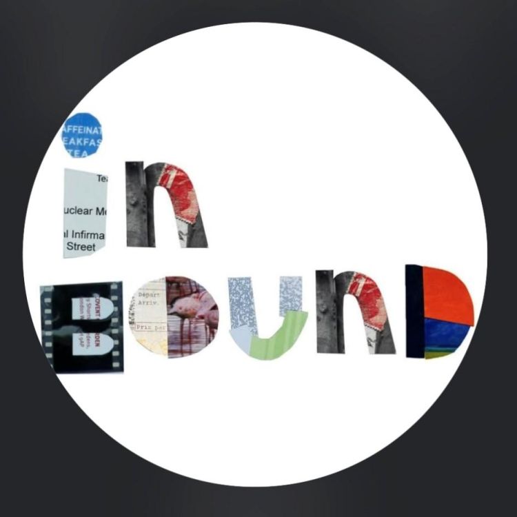 black square containing a white circle inside which there are a mix of upper and lower case letters created from collages spelling inbound