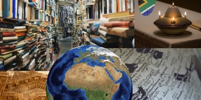 A collage of images including a globe, an untidy row of bookshelves, a candle, an excerpt of a map and roof of a building