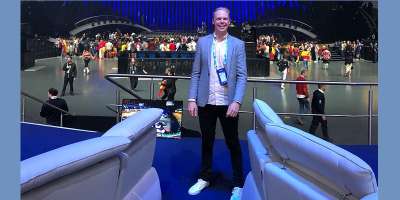 SMC graduate Joe Mason working at the Eurovision Song Contest