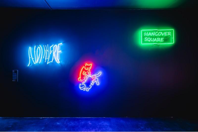 Neon wall sculptures by Hang Zhang from Hangover Square are Nowhere (40 x 120cm), Cat Tattooing Cat (100 x 80cm) and Hangover Square (40 x 110cm).