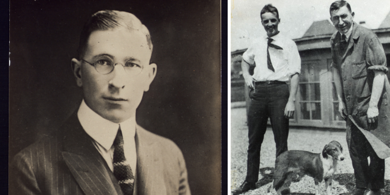 Left: black and white portrait of Fred Banting. Right: black and white photo of Fred Banting, Charles Best and a dog.