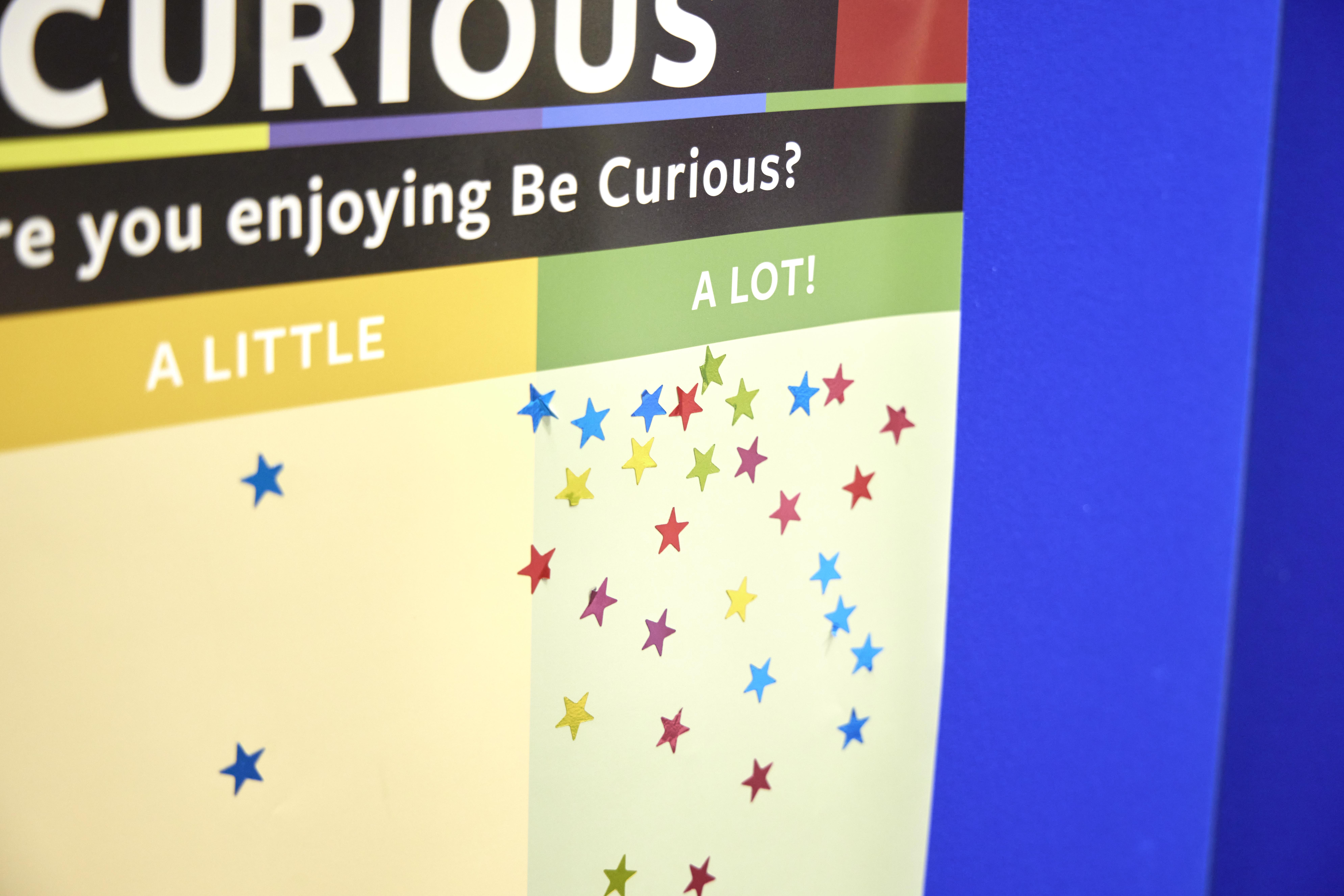 A feedback board titled: 'How much are you enjoying Be Curious?' With columns titled 'A little' and 'A lot'. There are lots of star-shaped stickers in the 'A lot' column.