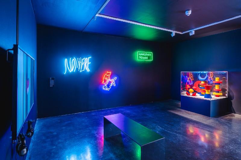 Wall-mounted neon sculptures by Hang Zhang in a gallery space at the New Art Exchange in Nottingham.