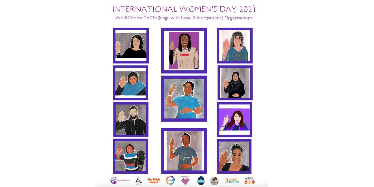 Poster of drawings of Shiloh project partners on a virtual call, raising their hands as part of a pledge for International Women's Day 2021 