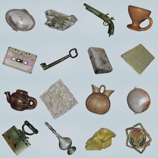 A collection of objects which were 3D scanned for the making of Ibrahim Ince's all that is left of you (laid out on a table) virtual project