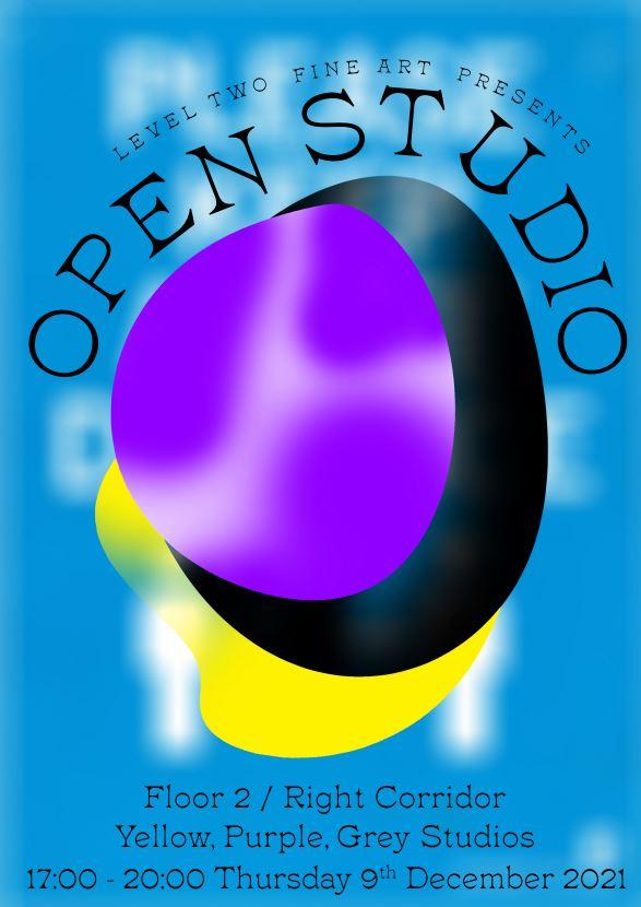 Poster to advertise BA Fine Art Open Studios. Purple, black and yellow shapes on a blue background.
