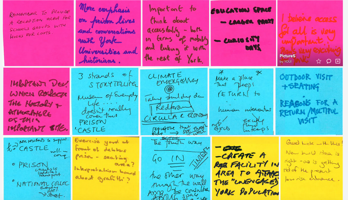A grid of post-it notes, with peoples' views as part of a public consultation in York