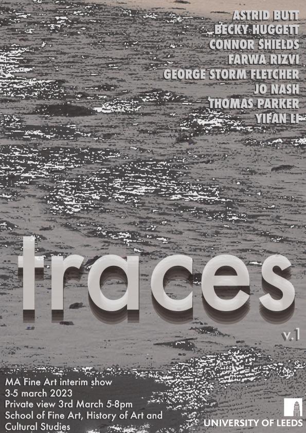 Poster with details of Traces exhibition on 3 to 5 March 2023, In the background is a black and white image of a beach and the sea.