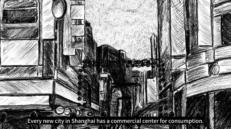 Drawing of Shanghai's commercial centre. Film still from Yuting Cai's Rain, Tear and Sweat, 2022.