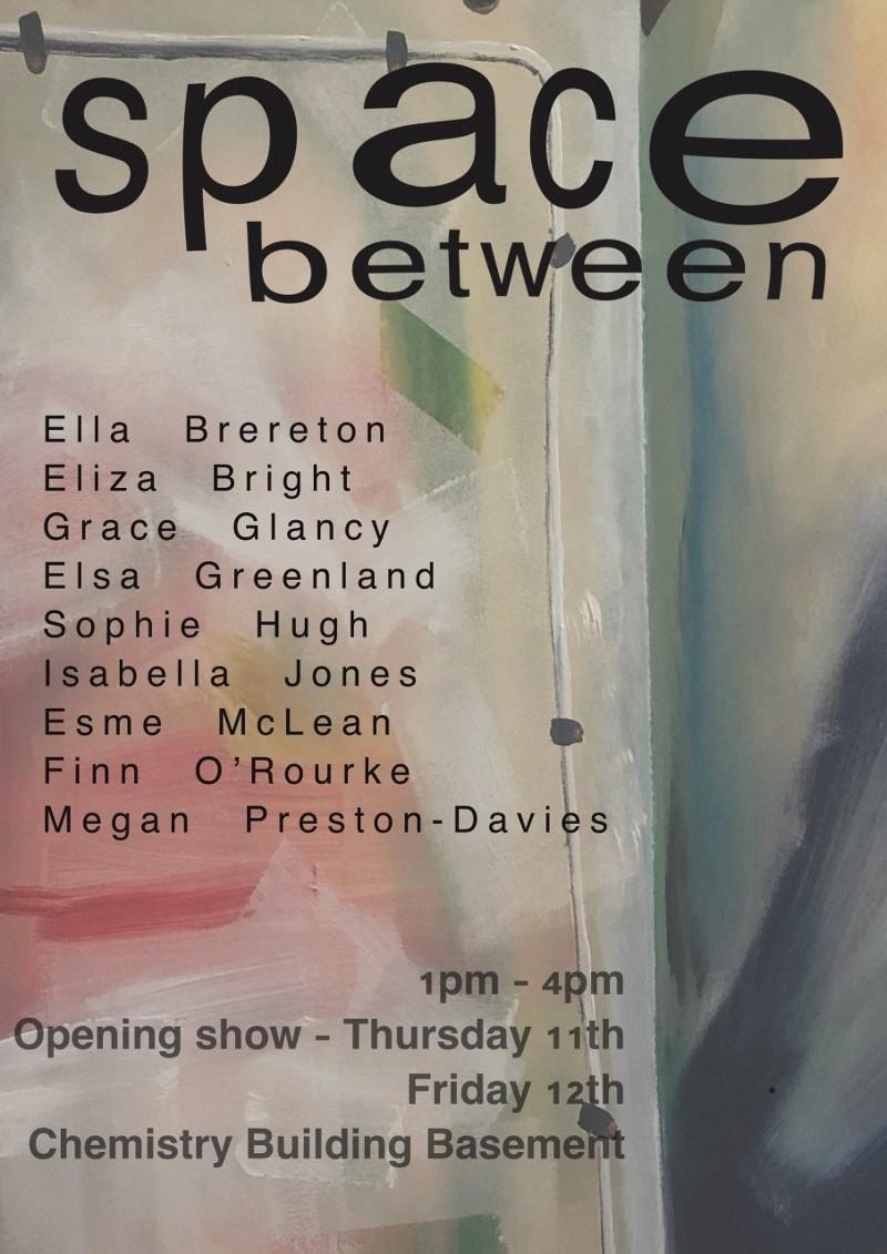 Poster for Space between exhibition at the University of Leeds with painting by artist Finn O&#039;Rourke in the background
