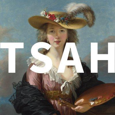 Logo for the Travelleing Sisterhood of Art Historians. Background image shows detail from a painting of Élisabeth Louise Vigée Le Brun, Self Portrait in a Straw Hat, after 1782. The National Gallery.