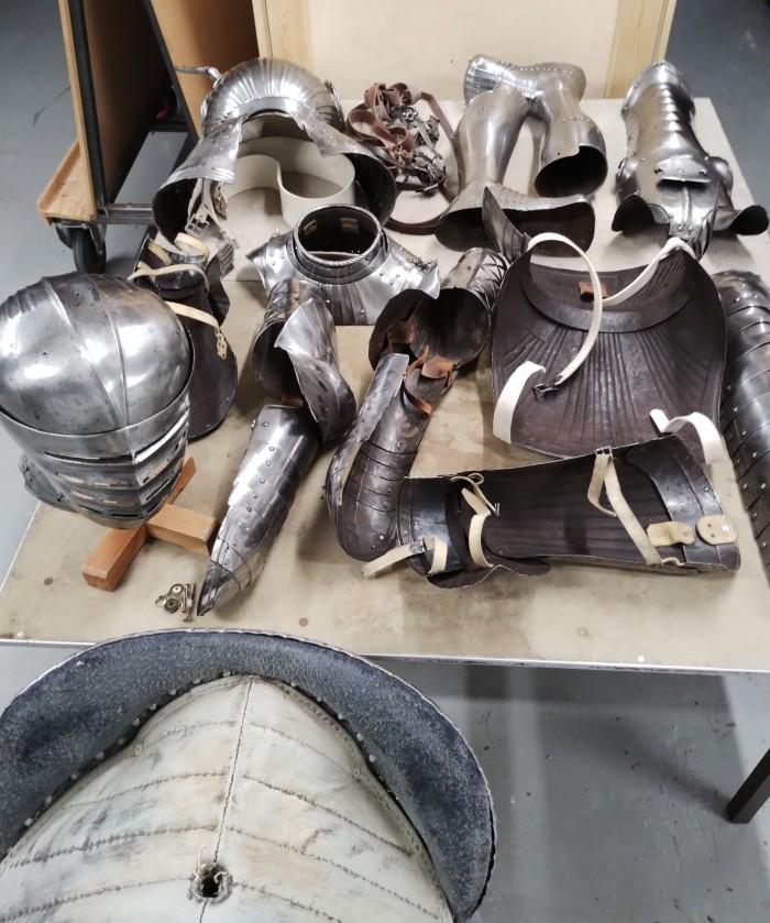 Disassembled horse and rider armour at the Royal Armouries