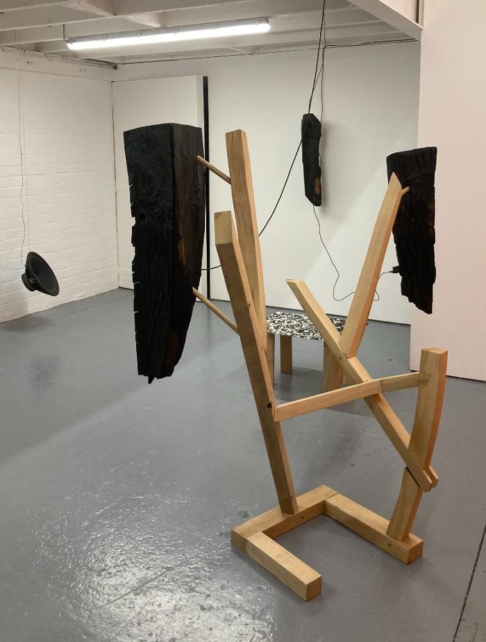 Installation photo of sculptures by Lucy Crouch and Matthew Vaughan in Gloam Gallery, Sheffield.