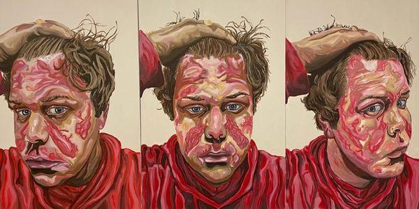 Tranquil Agitation- Matthew Davey showing a series of three portraits with the subject pushing their hair back and wearing a red top.