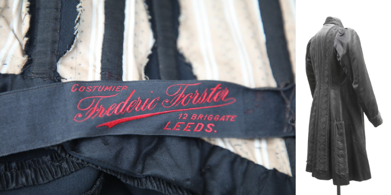 The Frederic Forster label inside a garment, left, and a black mourning coat on a mannequin