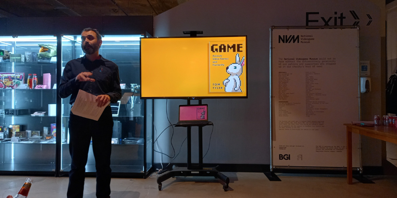 Dr Tom Tyler addresses the audience at the launch of his new book Game: Animals, Video Games and Humanity at the National Videogame Museum, Sheffield
