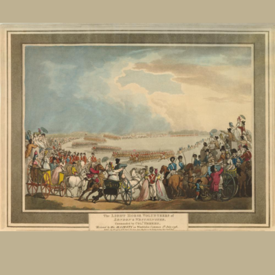 Thomas Rowlandson, The Light Horse Volunteers of London & Westminster, Commanded by Coll Herries, Reviewed by His Majesty on Wimbledon Common 5th July, 1798, 1798, British Museum, 1917,1208.2827 <https://www.britishmuseum.org/collection/object/P_1917-1208-2827>. © The Trustees of the British Museum