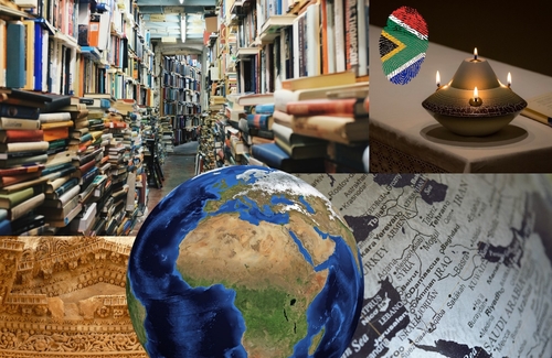 A collage of images including a globe, an untidy row of bookshelves, a candle, an excerpt of a map and roof of a building