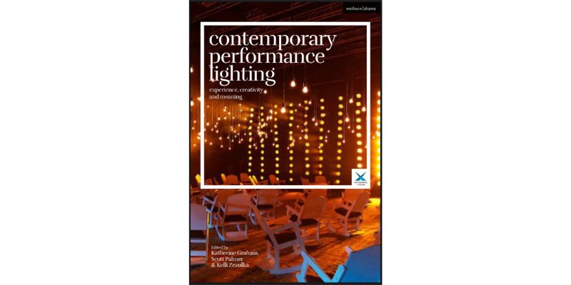 Front cover of the book 'Contemporary Performance Lighting' of a dark room full of white rocking chairs with streamers of bauble lights hanging down